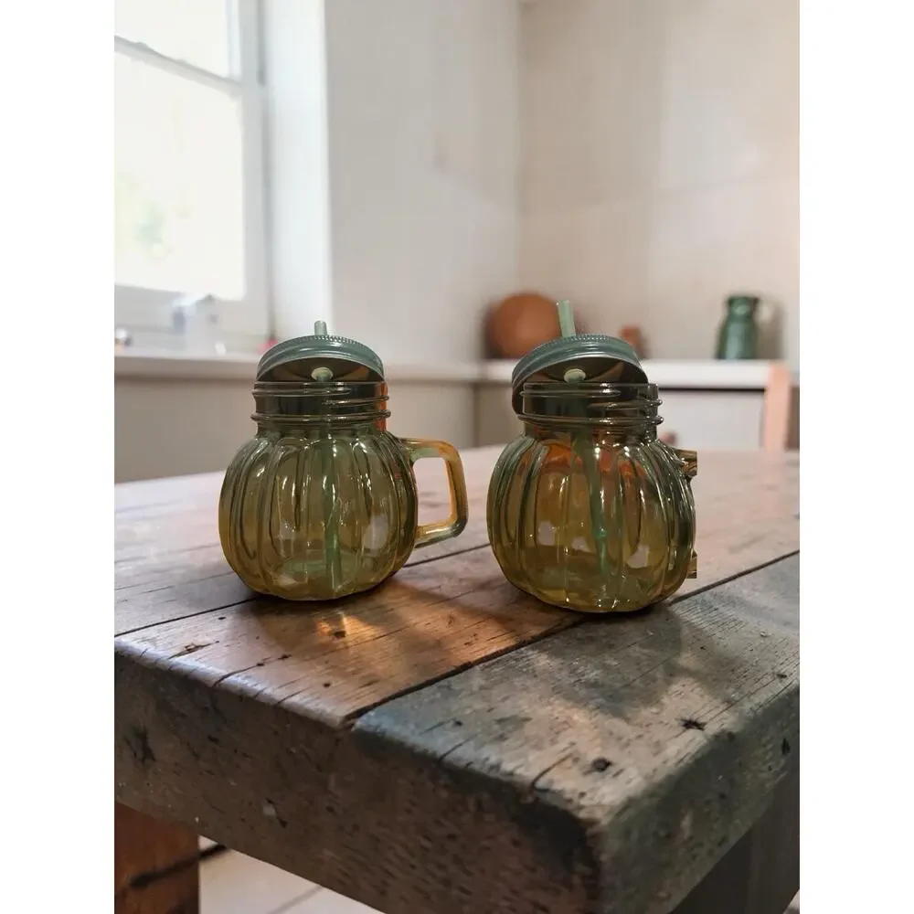 Set of 2 Green Glass Mason Drinking Jars with Handles, Lids & Straws Vintage